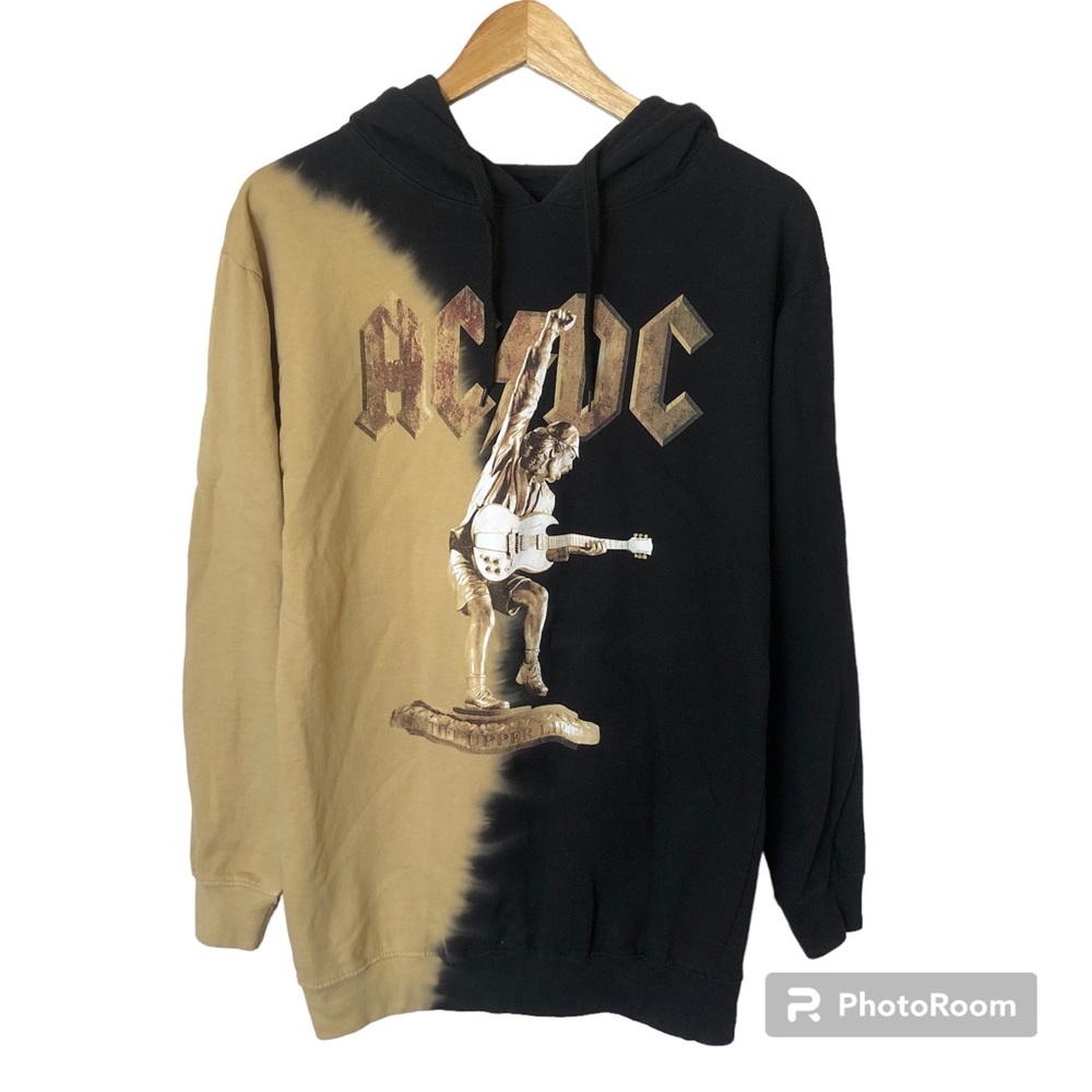 Y2K AC/DC Retro Rock Band Hoodie Mens S Tie Dye Sweatshirt Black Stiff Upper Lip